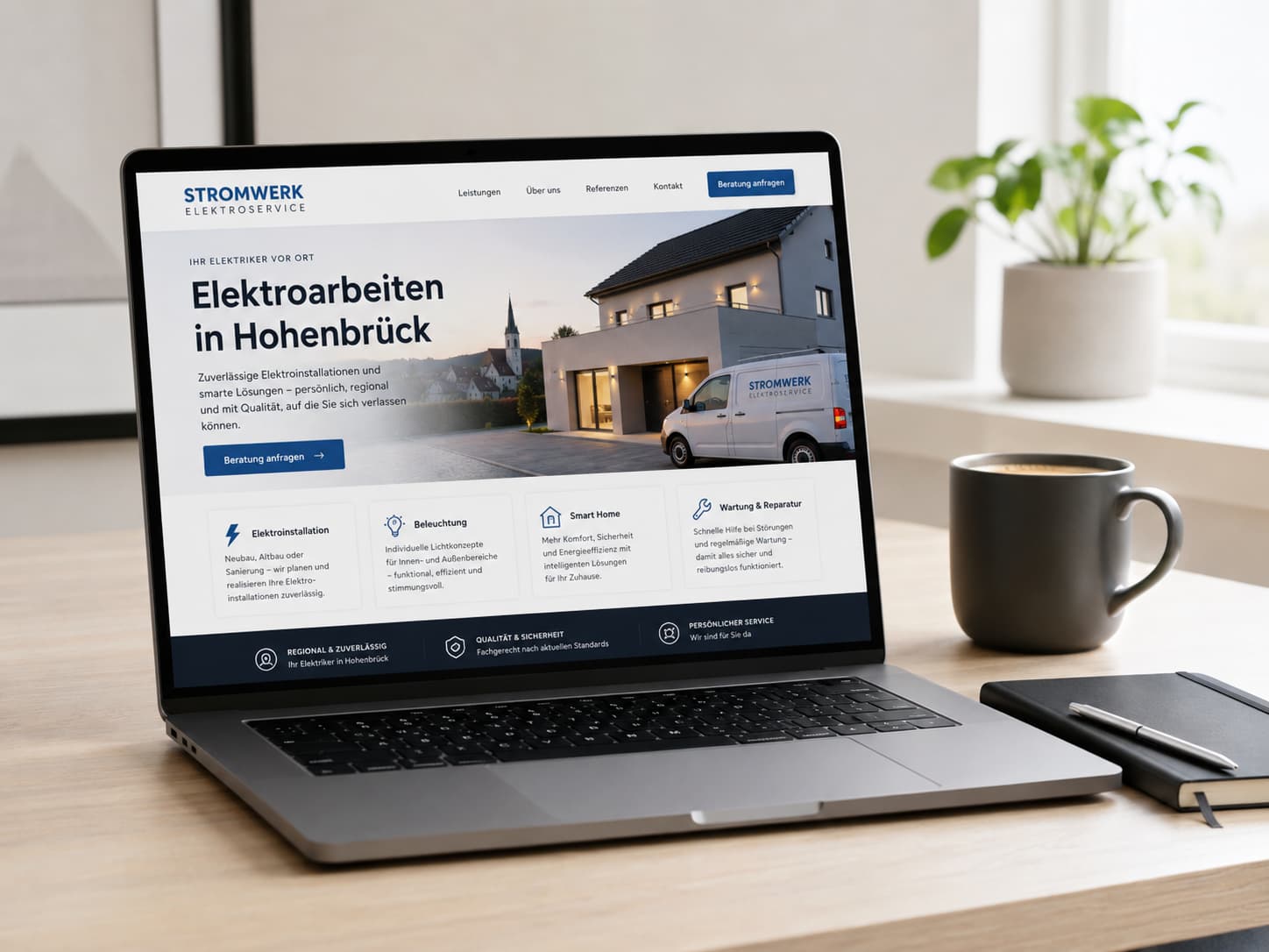 Moderne WordPress-Website für Stromwerk Elektroservice in Hohenbrück auf einem Laptop