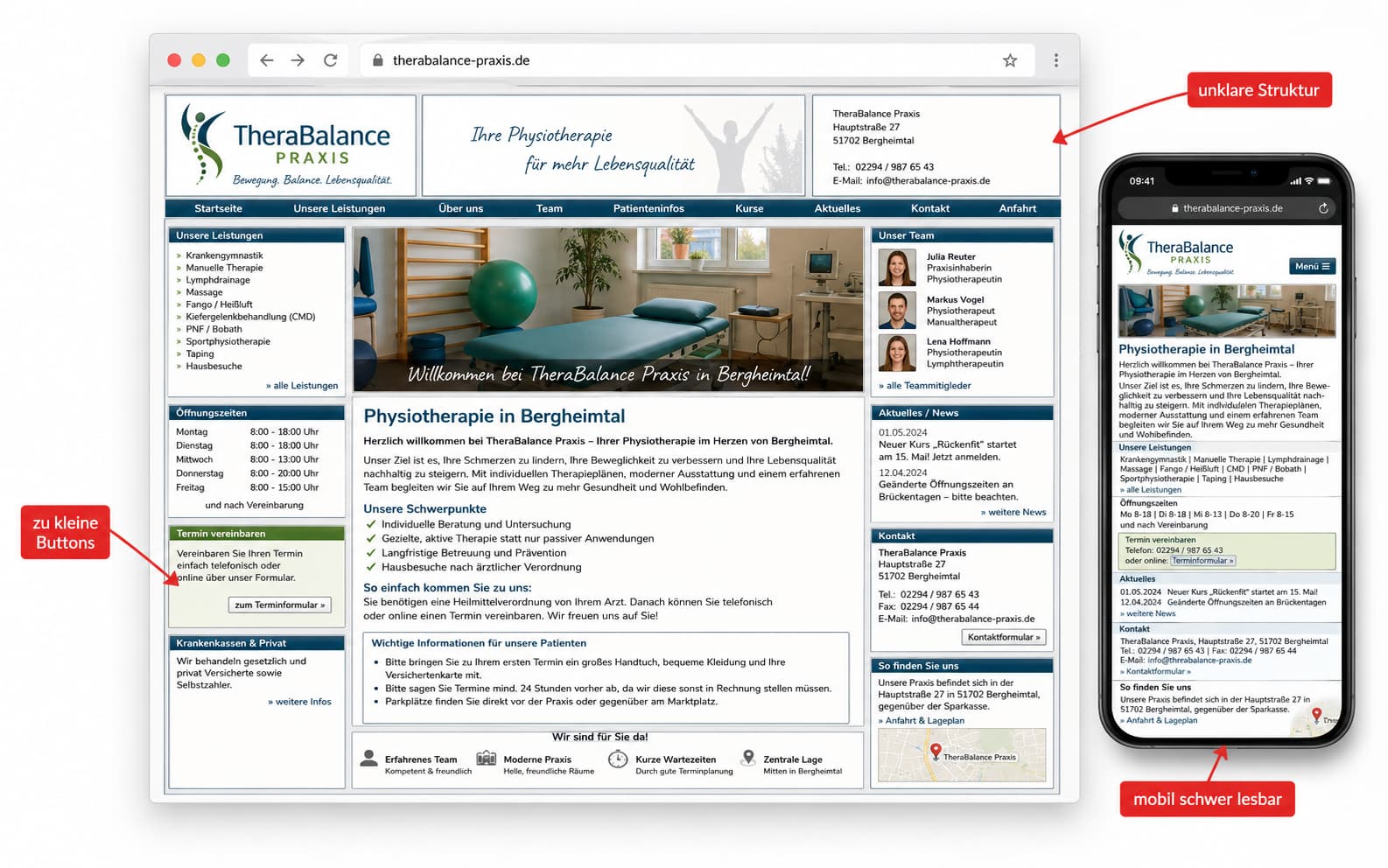 Veraltete WordPress-Website der fiktiven TheraBalance Praxis in Bergheimtal mit schlechter mobiler Darstellung