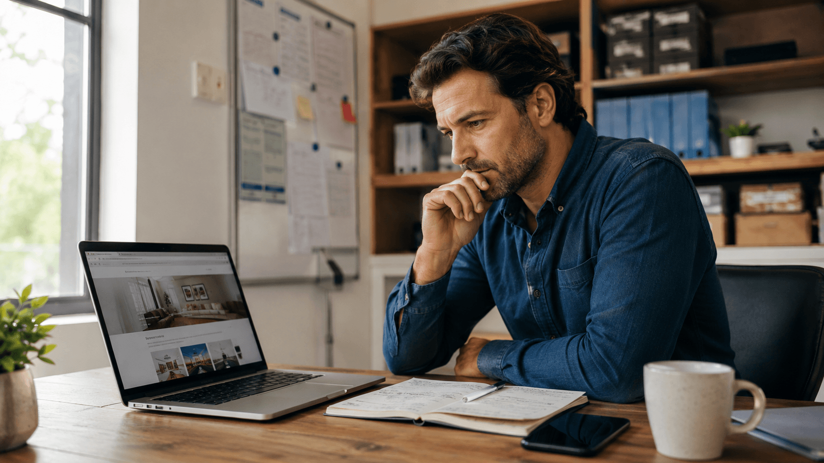Unternehmer prüft seine Website am Laptop